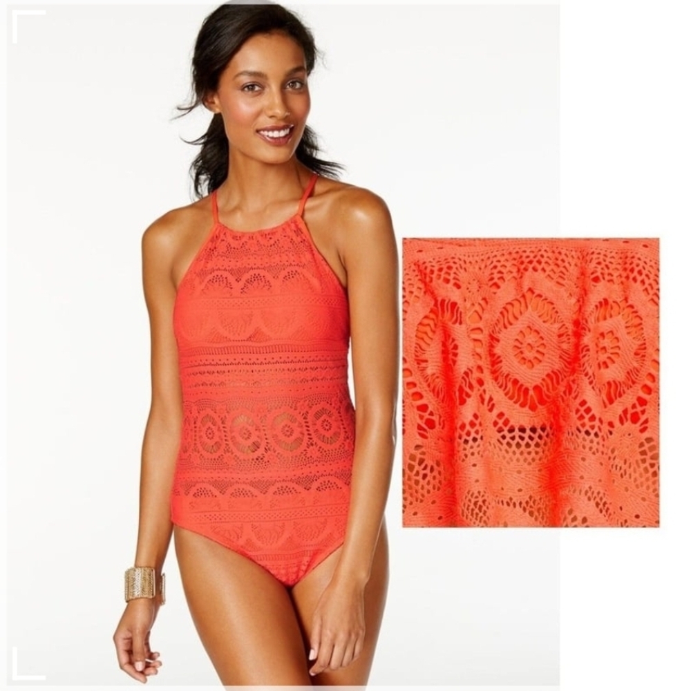 Kenneth Cole Orange One Piece Swimsuit with Lace Overlay